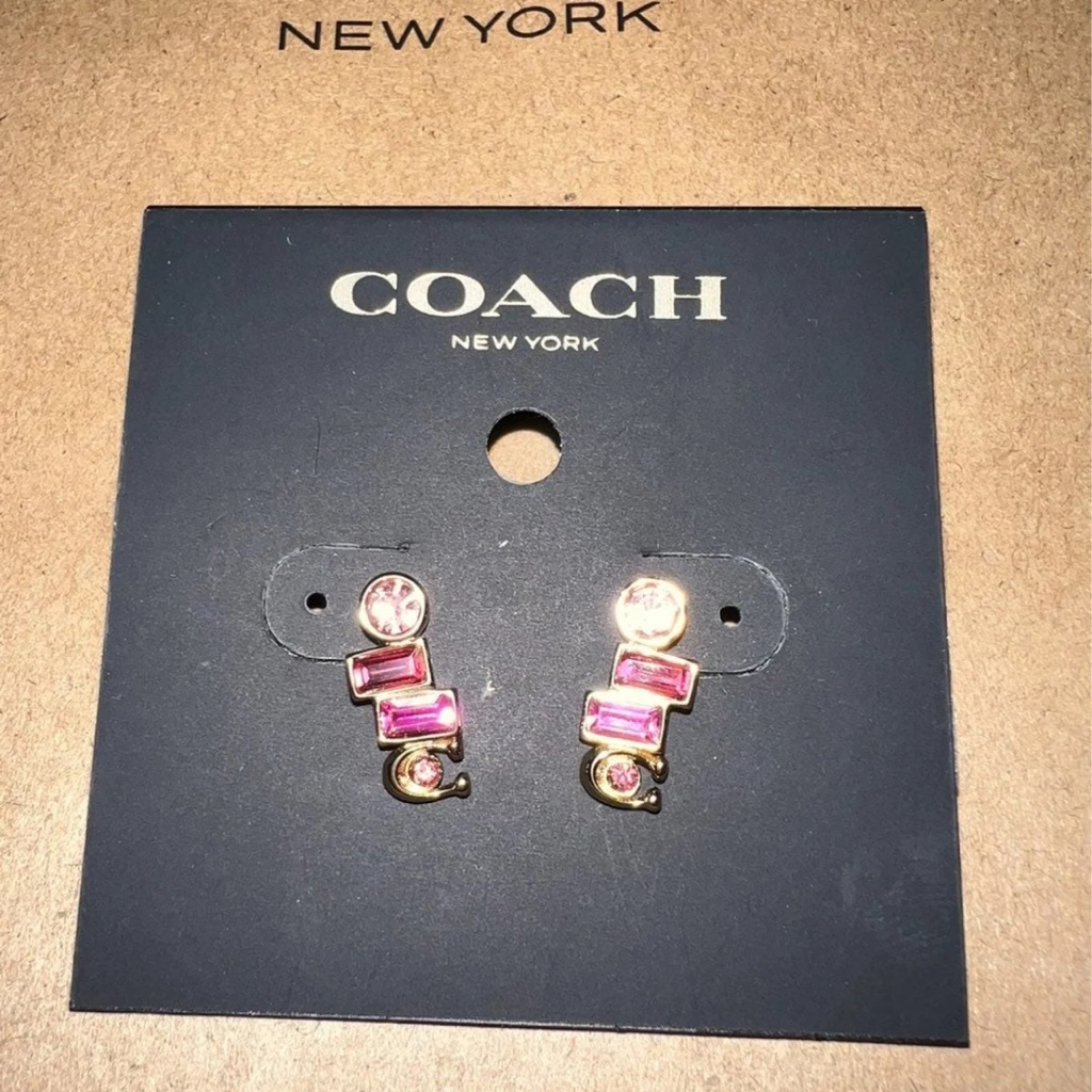 New Coach Signature Gold Tone Pink Rhinestone Stud Earrings
